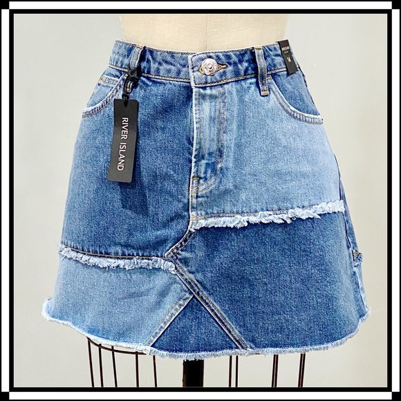 RIVER ISLAND Patchwork Denim A-Line Mini Skirt - US 10 - Picture 1 of 10